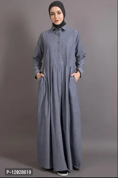 Contemporary Grey Cotton Chambray Abaya For Women-thumb0
