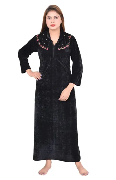 Women's Full Length Solid Velvet Nighty For Winter Wear Nightdress Sleepwear And Lounge Wear Nighty (Black)