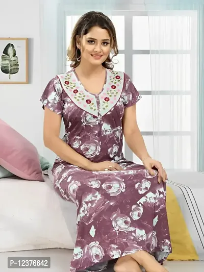 Trending Embroidery Floral Print Nighty/Maxi/Sleepwear In Hosiery Fabric For Girls And Women (Brown).-thumb0