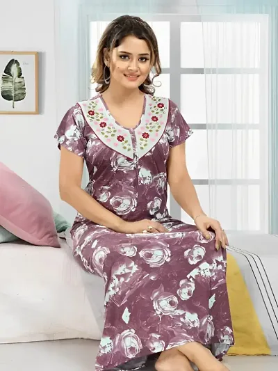 Hosiery Floral Embroidery Feeding/Maternity Nighty/Night Gown For Women