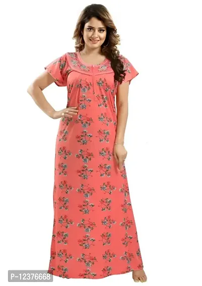 Trending Embroidery Floral Print Nighty/Maxi/Sleepwear In Hosiery Fabric For Girls And Women (Peach).-thumb2