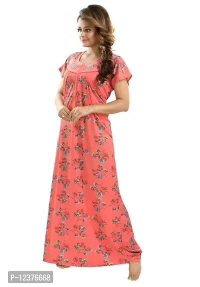 Trending Embroidery Floral Print Nighty/Maxi/Sleepwear In Hosiery Fabric For Girls And Women (Peach).-thumb3