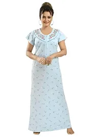 ENDRILLA Trending Embroidery Floral Print Nighty/Maxi/Sleepwear In Hosiery Fabric For Girls And Women (Light Blue)-thumb1