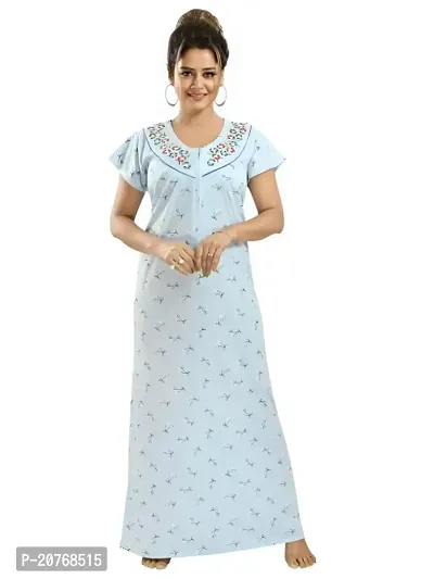 ENDRILLA Trending Embroidery Floral Print Nighty/Maxi/Sleepwear In Hosiery Fabric For Girls And Women (Light Blue)-thumb2