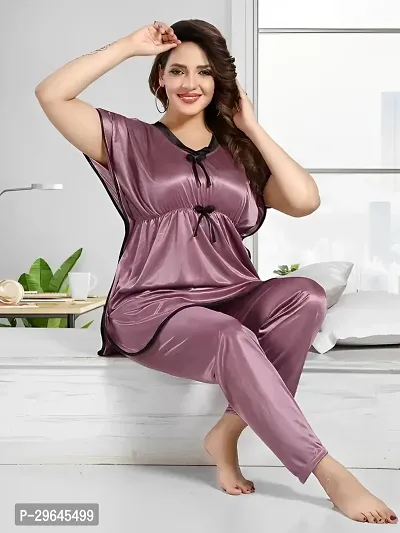 Trending Kaftan Plain Satin Night Suit, Top Pyjama , Co-ord Set.-thumb0