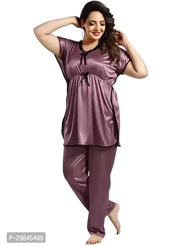 Trending Kaftan Plain Satin Night Suit, Top Pyjama , Co-ord Set.-thumb3