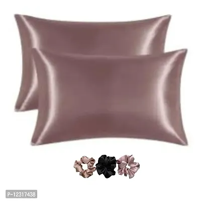 Go Well Satin Silk Pillow Cover for Hair and Skin 2 Piece with 3 Piece Satin Silk Soft Scrunchies for Women Stylish| Silk Pillow Covers with Envelope Closure end Design|Silk Pillow Cases(Rose Taupe)-thumb0
