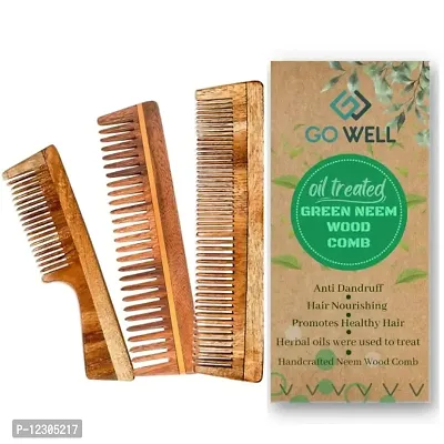 Go Well Kacchi Neem Comb, Wooden Comb | Hair Growth, Hairfall, Dandruff Control | Hair Straightening, Frizz Control | Comb for Men, Women | Treated with Oil (All Combo)-thumb0