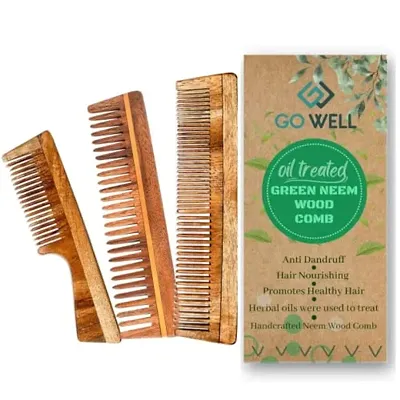 Go Well Kacchi Neem Comb, Wooden Comb | Hair Growth, Hairfall, Dandruff Control | Hair Straightening, Frizz Control | Comb for Men, Women | Treated with Oil (All Combo)