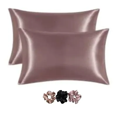 Go Well Satin Silk Pillow Cover for Hair and Skin 2 Piece with 3 Piece Satin Silk Soft Scrunchies for Women Stylish| Silk Pillow Covers with Envelope Closure end Design|Silk Pillow Cases(Rose Taupe)