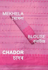 Elegant Pink Cotton Blend Printed Mekhela Chador Saree with Blouse piece For Women-thumb1