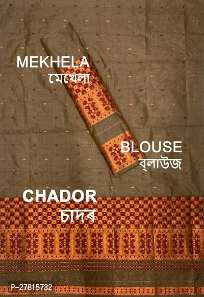 Elegant Chiku Silk Blend Woven Design Mekhela Chador Saree with Blouse piece For Women-thumb2