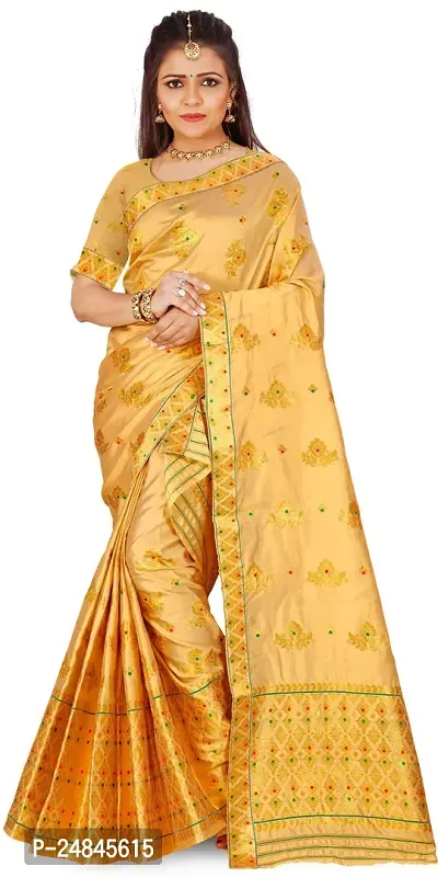 Elegant Beige Polyester Woven Design Mekhela Chador Saree with Blouse piece For Women-thumb0