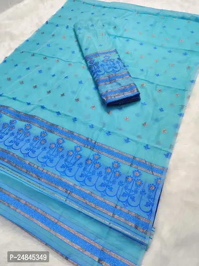 Elegant Blue Cotton Blend Printed Mekhela Chador Saree with Blouse piece For Women-thumb0