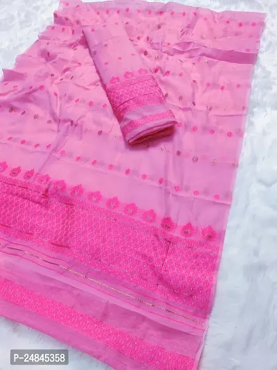 Elegant Pink Cotton Blend Printed Mekhela Chador Saree with Blouse piece For Women-thumb0