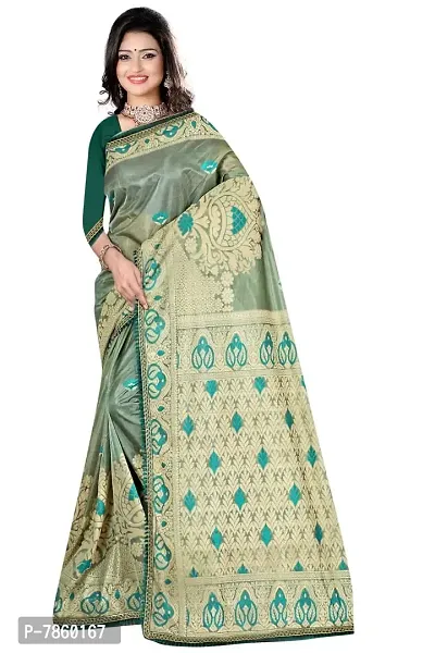 MANSI DIGITALS Women's Brasso Woven Saree With Blouse (Green)-thumb0