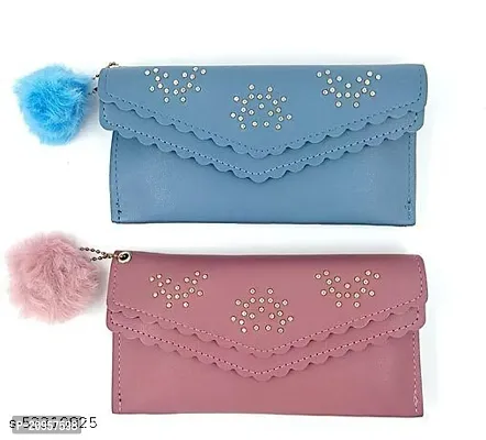 Trendy Double flap Women and girls Wallets ,set of 2(Blue-Peach)-thumb0