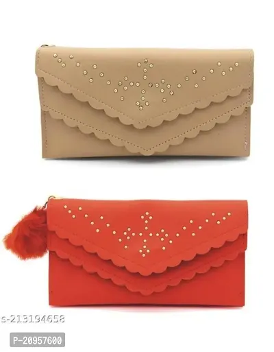 Trendy Double flap Women and girls Wallets ,set of 2(Red-Beige)