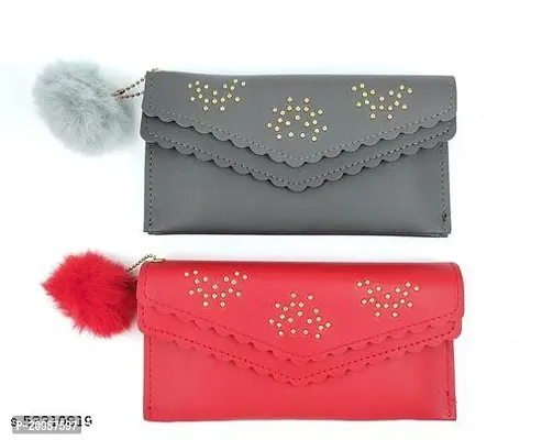 Trendy Double flap Women and girls Wallets ,set of 2(Red-Gray)