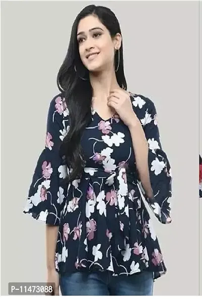 Elegant Navy Blue Poly Crepe Printed Top For Women