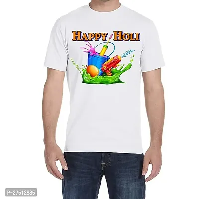 Stylish White Cotton Happy Holi Printed Round Neck Tees For Men-thumb0