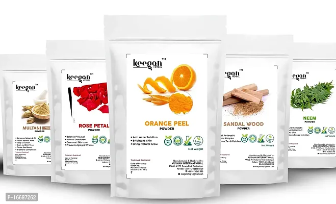 Keegan Natural Orange Peel(Santra Chilka) Powder,Multani Mitti Powder,Sandal Wood Powder(Chandan),Rose Petals Powder,Neem Powder For Face  Skin Care Combo Pack Of 5 (Each 50gm)(250gm)-thumb0