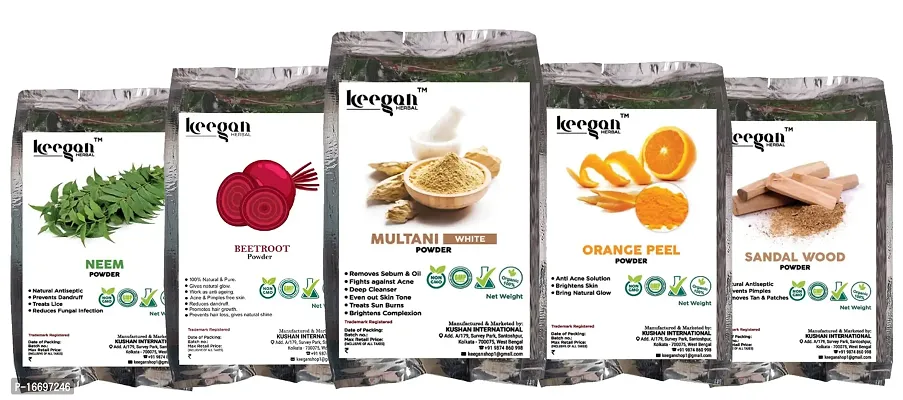 Keegan Herbal Natural Multani Mitti,Sandalwood Powder,Orange Peel Powder,Beetroot Powder,Neem Powder Combo For Face Pack  Skin Care (40gmx5)-thumb0