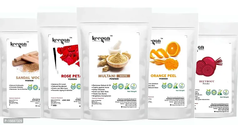 Keegan Herbal Natural  Pure Multani Mitti,Sandalwood Powder,Beetroot Powder,Orange Peel Powder,red Rose Petal Powder Combo For Glowing Skin,Acne  Pimples Care (50gx5)