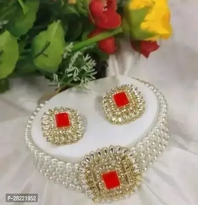 Stylish Red Alloy American Diamond Jewellery Set For Women-thumb0