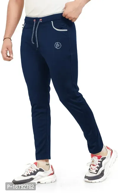 Stylish Navy Blue Lycra Spandex Solid Regular Track Pants For Men-thumb3