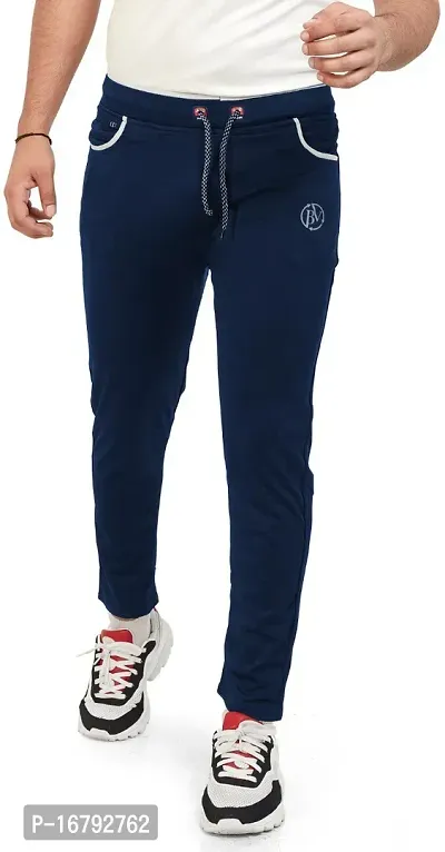 Stylish Navy Blue Lycra Spandex Solid Regular Track Pants For Men-thumb0