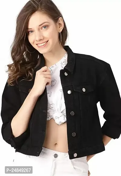 Elegant Black Solid Denim Jacket For Women-thumb0
