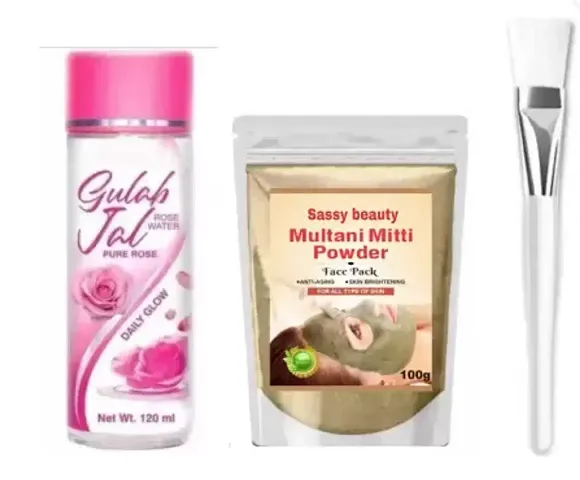 Multani Mitti Powder 100gm And Rose Water And Brush Combo
