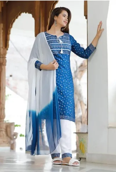 Beautiful Straight Rayon Kurta Bottom Dupatta For Women