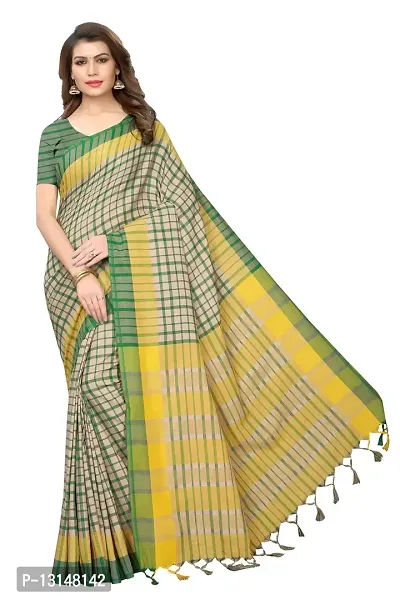 Reeva Trends Women's Cotton Silk Printed Saree With Blouse Piece (TERRA CHECKS GREEN_Free Size)