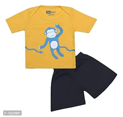 Piku Store Hosiery Multi-Color Half Sleeves T-Shirt & Short Set for Baby Girls & Boys (18-24 Months, HSYellow(Monkey)+Black)-thumb0