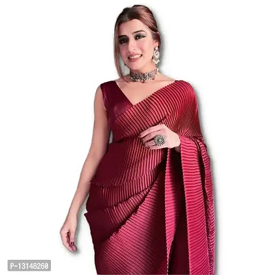 MISILY Women's Full Crushed/Pleated Satin Saree With Un-stitched Blouse Piece (Maroon)-thumb0