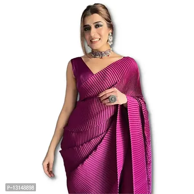 MISILY Women's Full Crushed/Pleated Satin Saree With Un-stitched Blouse Piece (Wine)