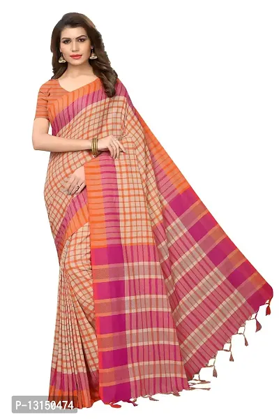 Reeva Trends Women's Cotton Silk Printed Saree With Blouse Piece (TERRA CHECKS ORANGE_Free Size)