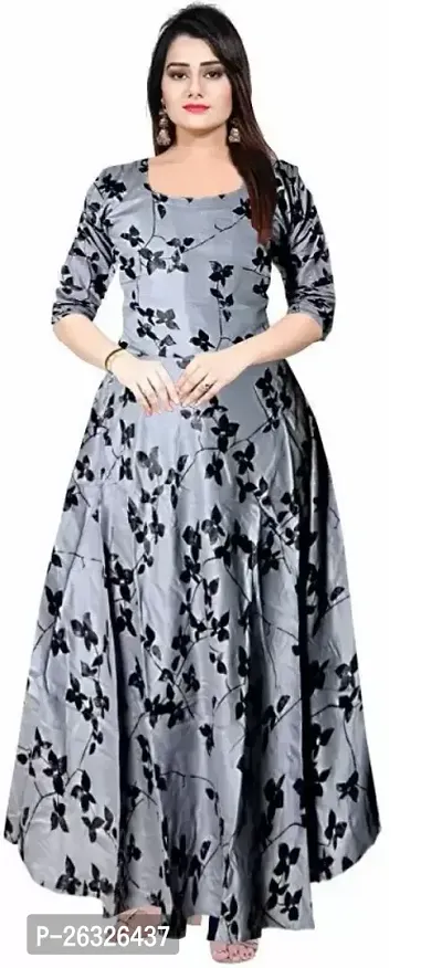 Stylish Cotton Grey Stitched Printed Anarkali For Women