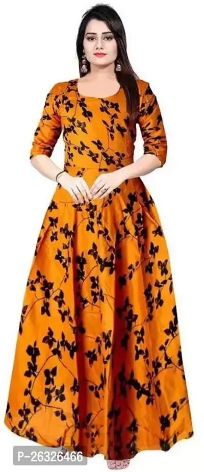 Stylish Cotton Dark Yellow Stitched Printed Anarkali For Women-thumb0