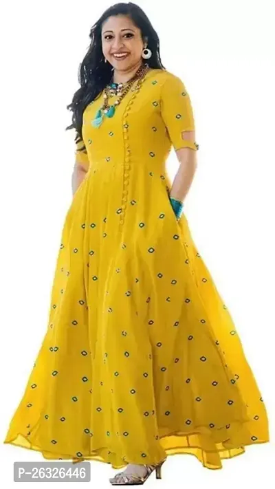 Stylish Cotton Yellow Stitched Printed Anarkali For Women-thumb0