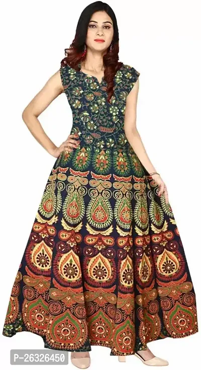 Stylish Cotton Green Stitched Printed Anarkali For Women-thumb0