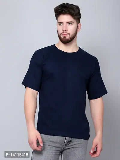 Stylish Navy Blue Cotton Solid Drop Shoulder Round Neck Tees For Men-thumb0