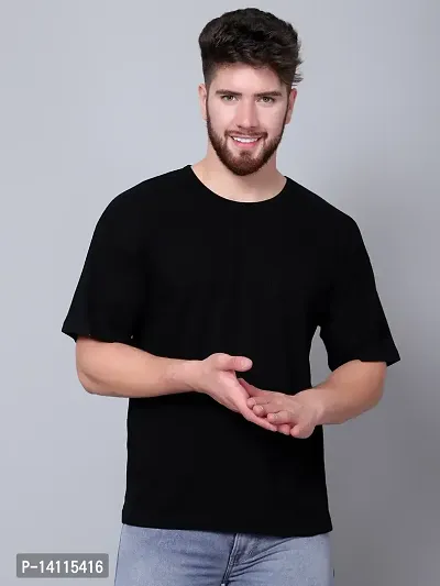 Stylish Black Cotton Solid Drop Shoulder Round Neck Tees For Men-thumb0