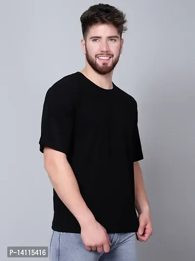 Stylish Black Cotton Solid Drop Shoulder Round Neck Tees For Men-thumb2