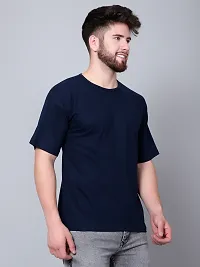 Stylish Navy Blue Cotton Solid Drop Shoulder Round Neck Tees For Men-thumb1