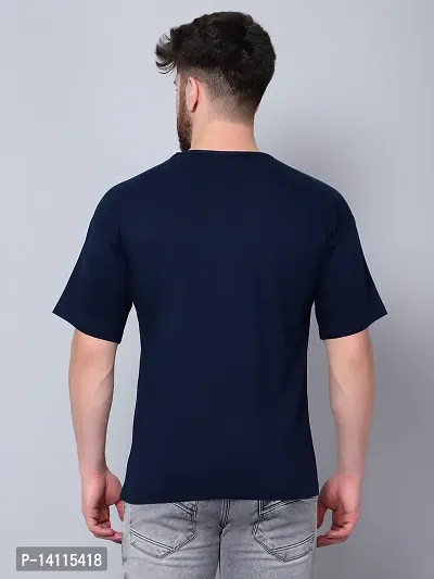 Stylish Navy Blue Cotton Solid Drop Shoulder Round Neck Tees For Men-thumb4