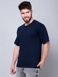 Stylish Navy Blue Cotton Solid Drop Shoulder Round Neck Tees For Men-thumb2