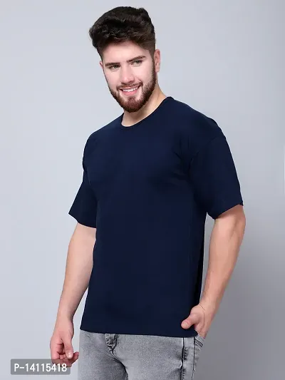 Stylish Navy Blue Cotton Solid Drop Shoulder Round Neck Tees For Men-thumb3